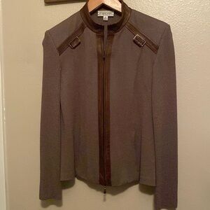 St. John Women's Sport Vintage Knit Jacket Zip up Leather Trim Brown Small